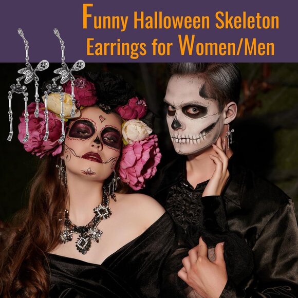Women's Halloween Party Cosplay Earrings Pair Skeleton Jewelry Spooky Skull - Picture 6 of 7